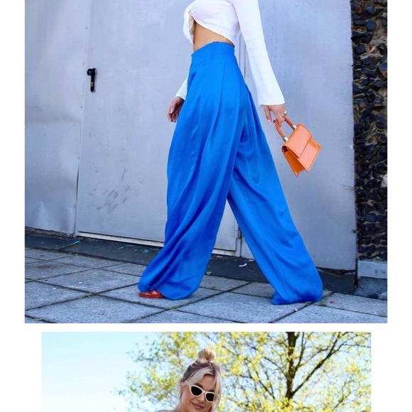 ZARA FULL LENGTH SATIN EFFECT PANTS OCEAN BLUE! BRAND NEW SIZE LARGe - Picture 2 of 7